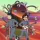Min-Gi and Ryan from Infinity Train take action poses while holding a device and a guitar, respectively.